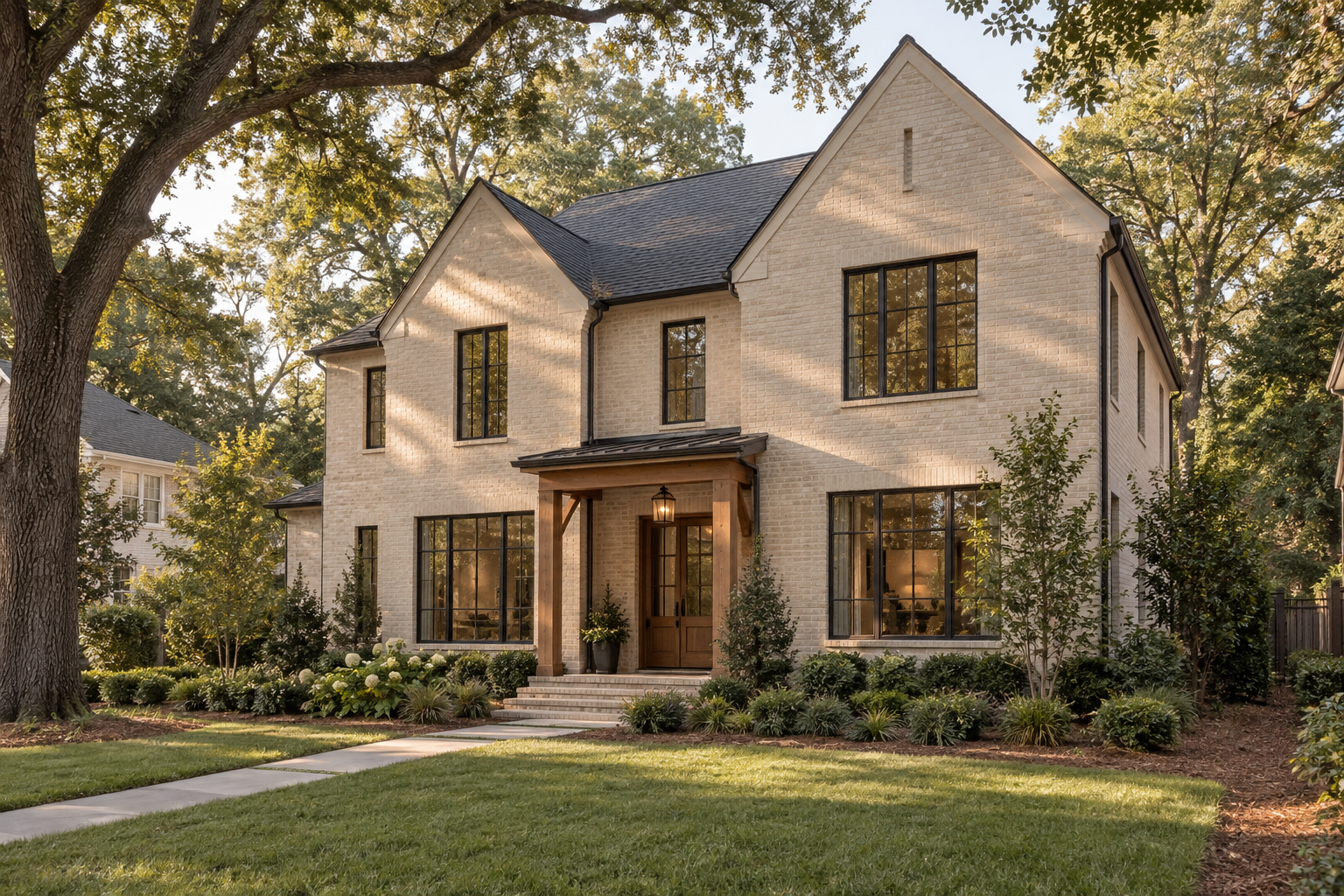 Illustrative architectural concept of a warm brick home among mature Georgia-style oak trees